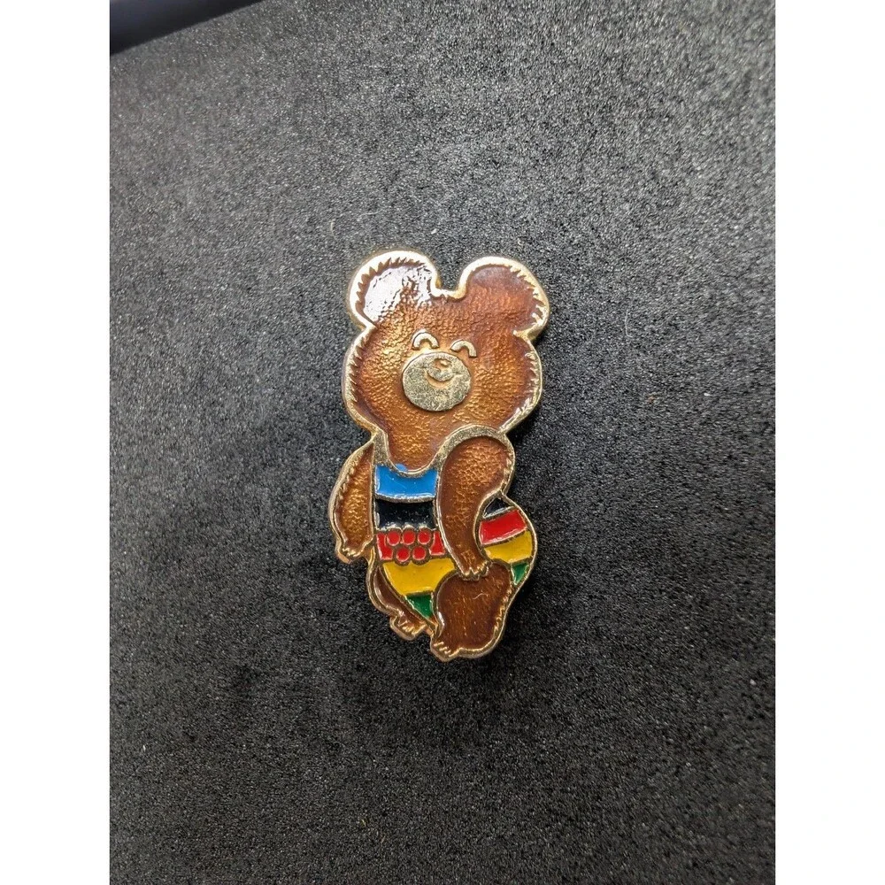 Vintage USSR Moscow 1980 Olympic Misha Bear Enamel Pin Color Uniform Badge